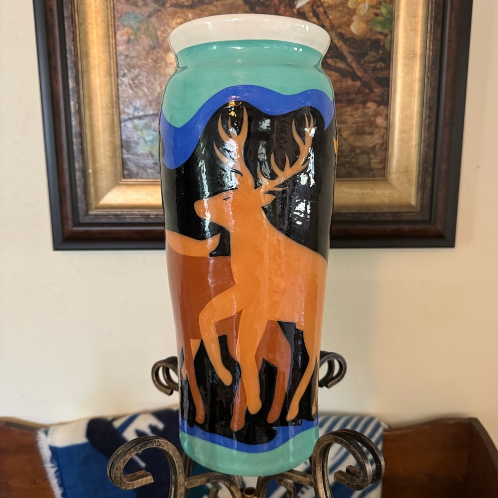 Vintage 15”Tall Signed Amazing Kadisak blue + green Wilderkind glazed vase.